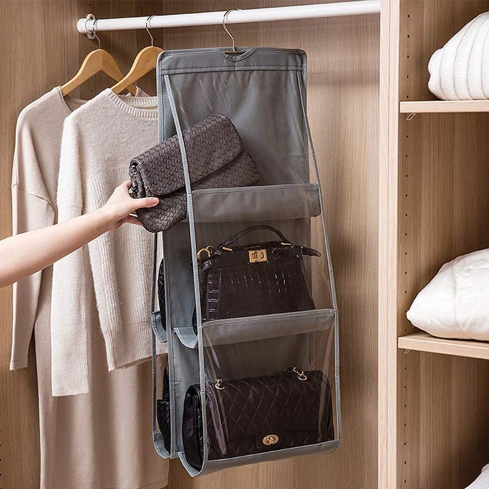 2X Hanging Handbag Organizer Shelf Bag Wardrobe Purse Clear