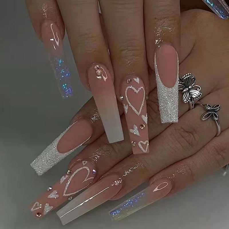 Pink Heart Rhinestone False Pink Nails Set With Detachable Press