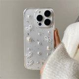 3D Pearl Bow Silver Foil Phone Case For iPhone