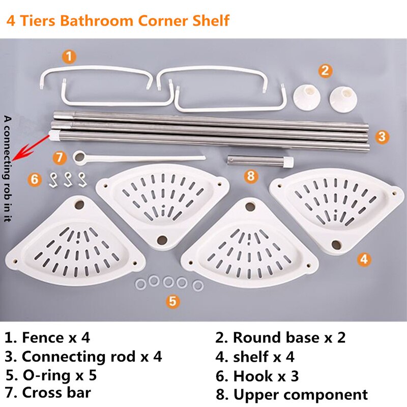 Telescopic Corner Shower Shelf 4 Tier Bathroom Corner Storage No