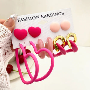 5 Pairs Set Women's Resin Earrings Extra-large Size Fashion Jewelry Geometric Crystal Heart Stud Earrings