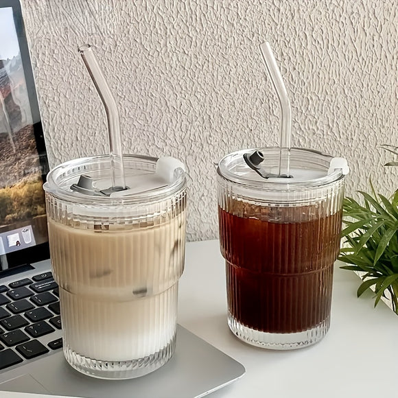 2PCS 450ml Stripe Glass Cup Transparent Glasses With Lid