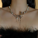 Hollow Butterfly Pearl Fringed Necklace