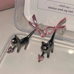 Black Cat Pink Heart Rhinestone Bow Drop Earrings for Women