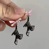 Black Cat Pink Heart Rhinestone Bow Drop Earrings for Women