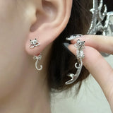 Black Cat Pink Heart Rhinestone Bow Drop Earrings for Women