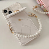 Camellia Wallet Holder Fragrant Wind Weaving Pattern Pearl Chain Strap Phone Case For iPhone