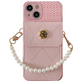 Camellia Wallet Holder Fragrant Wind Weaving Pattern Pearl Chain Strap Phone Case For iPhone