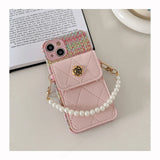 Camellia Wallet Holder Fragrant Wind Weaving Pattern Pearl Chain Strap Phone Case For iPhone