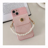 Camellia Wallet Holder Fragrant Wind Weaving Pattern Pearl Chain Strap Phone Case For iPhone