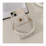 Camellia Wallet Holder Fragrant Wind Weaving Pattern Pearl Chain Strap Phone Case For iPhone