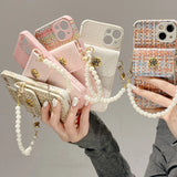 Camellia Wallet Holder Fragrant Wind Weaving Pattern Pearl Chain Strap Phone Case For iPhone