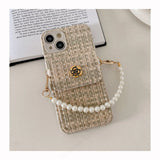 Camellia Wallet Holder Fragrant Wind Weaving Pattern Pearl Chain Strap Phone Case For iPhone