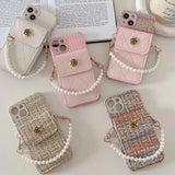 Camellia Wallet Holder Fragrant Wind Weaving Pattern Pearl Chain Strap Phone Case For iPhone