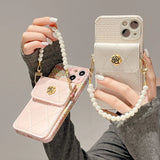 Camellia Wallet Holder Fragrant Wind Weaving Pattern Pearl Chain Strap Phone Case For iPhone