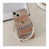 Camellia Wallet Holder Fragrant Wind Weaving Pattern Pearl Chain Strap Phone Case For iPhone