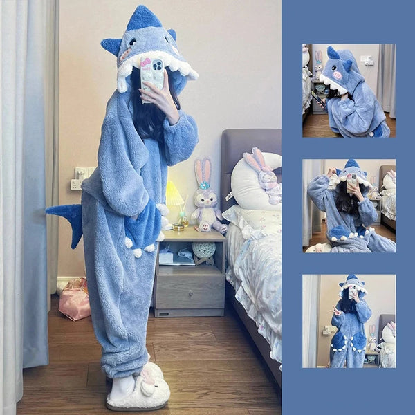 Shark Women's Pajamas Flannel Hooded Sleepwear Kawaii Pijama Female Set  With Pants Cute Pyjamas Halloween Party Loungewear