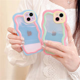 Cute Korean Candy Color Laser Gradual Change Wavy Irregular Clear Case for iPhone 15 14 13 12 11 Pro Max Kawaii Shockproof Cover