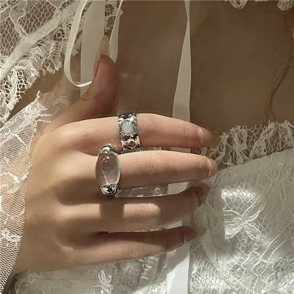 New Design Sense Lava Texture Gemstone Open Ring Oval Transparent Stone Wide Version Women Ring