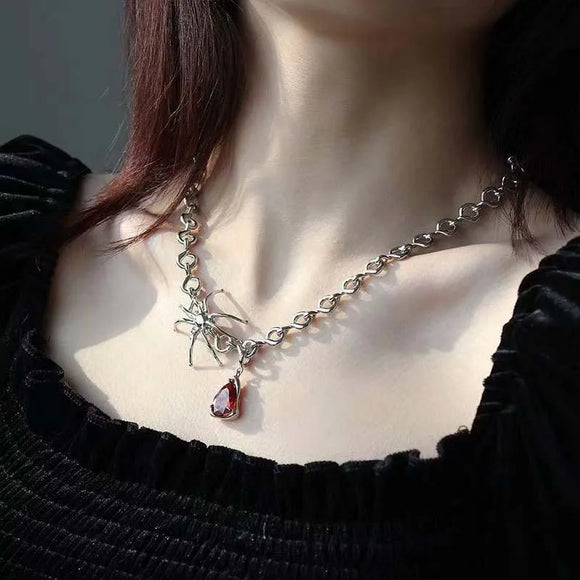 Gothic Red Zircon Spider Pendant Necklace for Women Dark Rose Mysterious Chokers Collar Chain