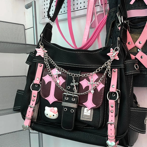 Hello Kitty Sanrio Gothic Punk Vintage Pink Cross Chains Crossbody Bags