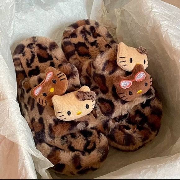 Hello Kitty Sanrio Leopard Print Plush Slipper Sanrio Autumn And Winter Spicy