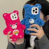 Korean Girl Bear Plush Phone Case for iPhone 13 12 11 Pro Max X 7/8 Plus XS Max Warm Shockproof Protective Soft Back Cover
