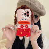 Plush Weird Braid Red Flower Sausage Mouth Female Phone Case For iPhone 14 13 12 11 Pro Max Plus Xr Shockproof Protective Cover