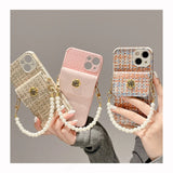 Camellia Wallet Holder Fragrant Wind Weaving Pattern Pearl Chain Strap Phone Case For iPhone