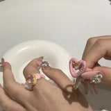 Pink Metal Knuckle Ring for Women Rhinestone Enamel Love Heart Bear Flower Open Rings
