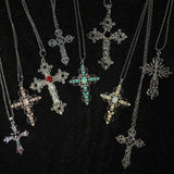 Punk Crystal Big Cross Pendant Necklaces for Women Men Gothic Irregular Cross Clavicle Chain