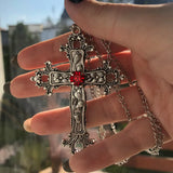 Punk Crystal Big Cross Pendant Necklaces for Women Men Gothic Irregular Cross Clavicle Chain