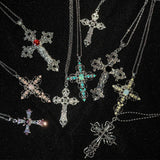 Punk Crystal Big Cross Pendant Necklaces for Women Men Gothic Irregular Cross Clavicle Chain