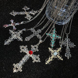 Punk Crystal Big Cross Pendant Necklaces for Women Men Gothic Irregular Cross Clavicle Chain