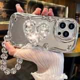 ins Korea Star Silver Plating 3D Diamond Heart Holder Strap Phone Case For iPhone