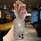 ins Korea Star Silver Plating 3D Diamond Heart Holder Strap Phone Case For iPhone