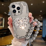 ins Korea Star Silver Plating 3D Diamond Heart Holder Strap Phone Case For iPhone