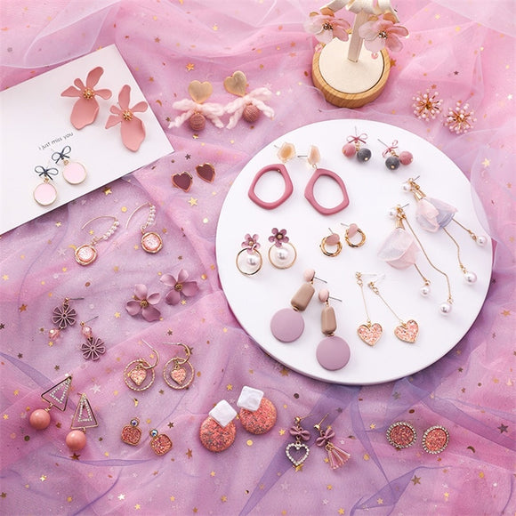 Sweet Flower Pink Geometric Round Heart Long Dangle Pearl Earrings for Women Girl - HeyHouse