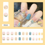 24pcs French Fake Nails Short Art Nail Tips Press Stick on False with Designs