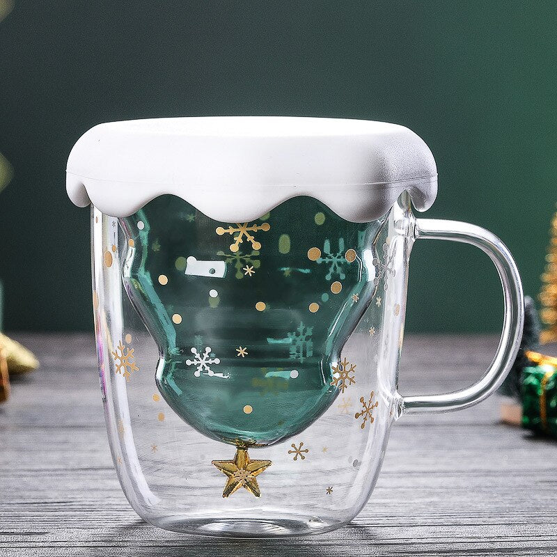 300ml Creative Christmas Tree Glass Cup Heat-Resistant Double Wall Glass  Cup Coffee Mug with Lid Cute Christmas Gifts for Girls
