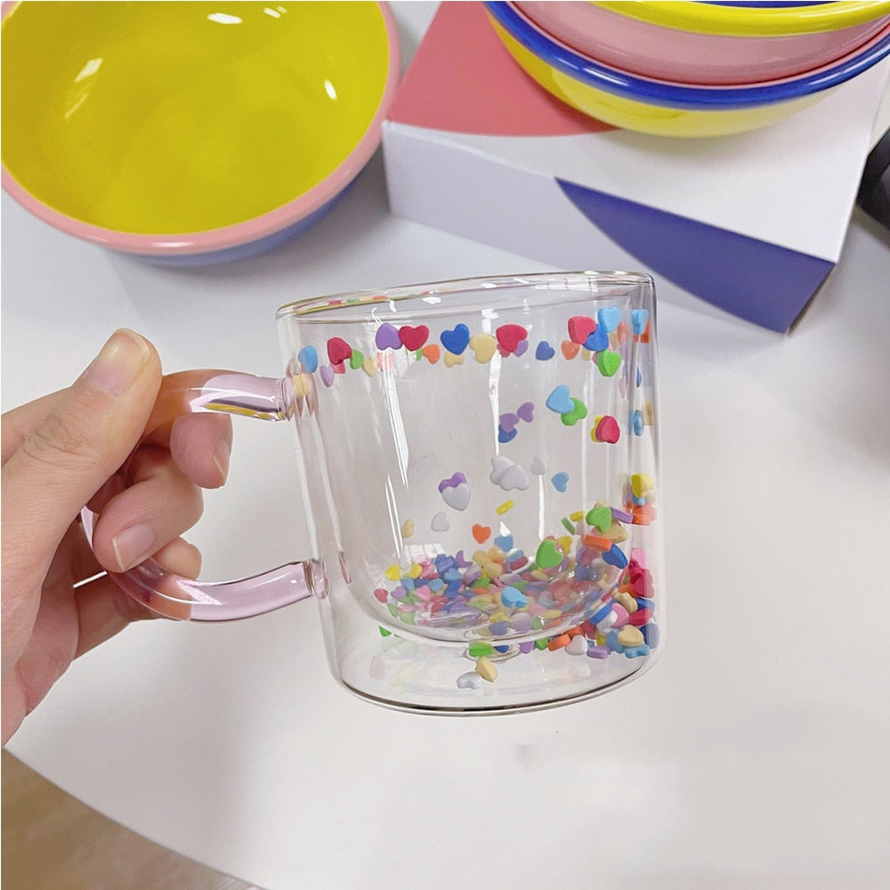 Double Layer Love Quicksand Glass Cup Cute Girl Heart Creative