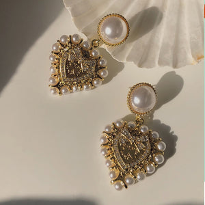 Vintage Baroque Pearl Big Love Heart Drop Earrings