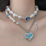 Chic Blue Heart Silver Pearl Necklace