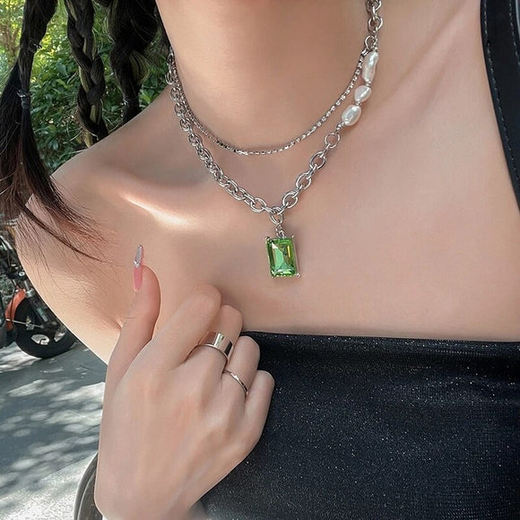 Punk Green Square Crystal Pearl Titanium Steel Chain Necklaces