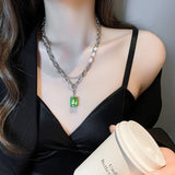 Punk Green Square Crystal Pearl Titanium Steel Chain Necklaces